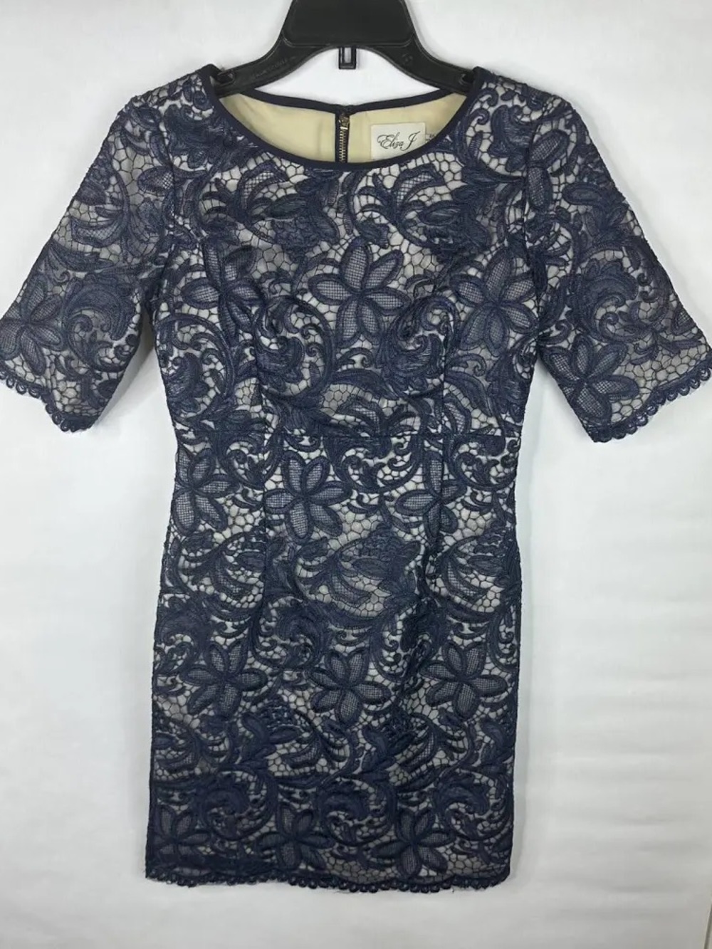 Eliza J Navy Blue & Nude Lace A-Line Dress Size 2P Petite